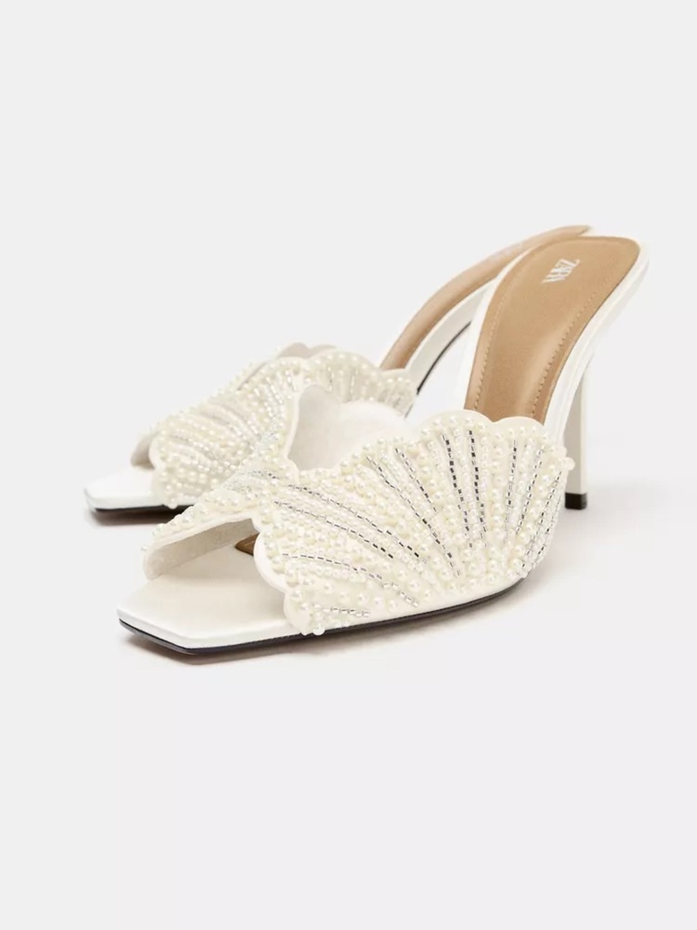 Zara Elegant White Beaded Shell-Embellished Heeled Mules size 9